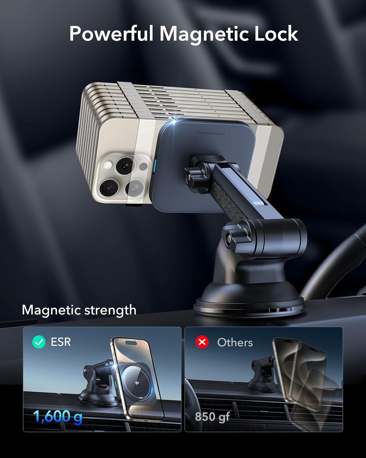 ESR for Qi2 15W MagSafe Car Mount Charger, Qi2-Certified MagSafe Car Charger, Dashboard/Windshield Magnetic Wireless Car Charging, Car Phone Mount for iPhone 16/15/14/13/12, S25, Fast Charging, Black