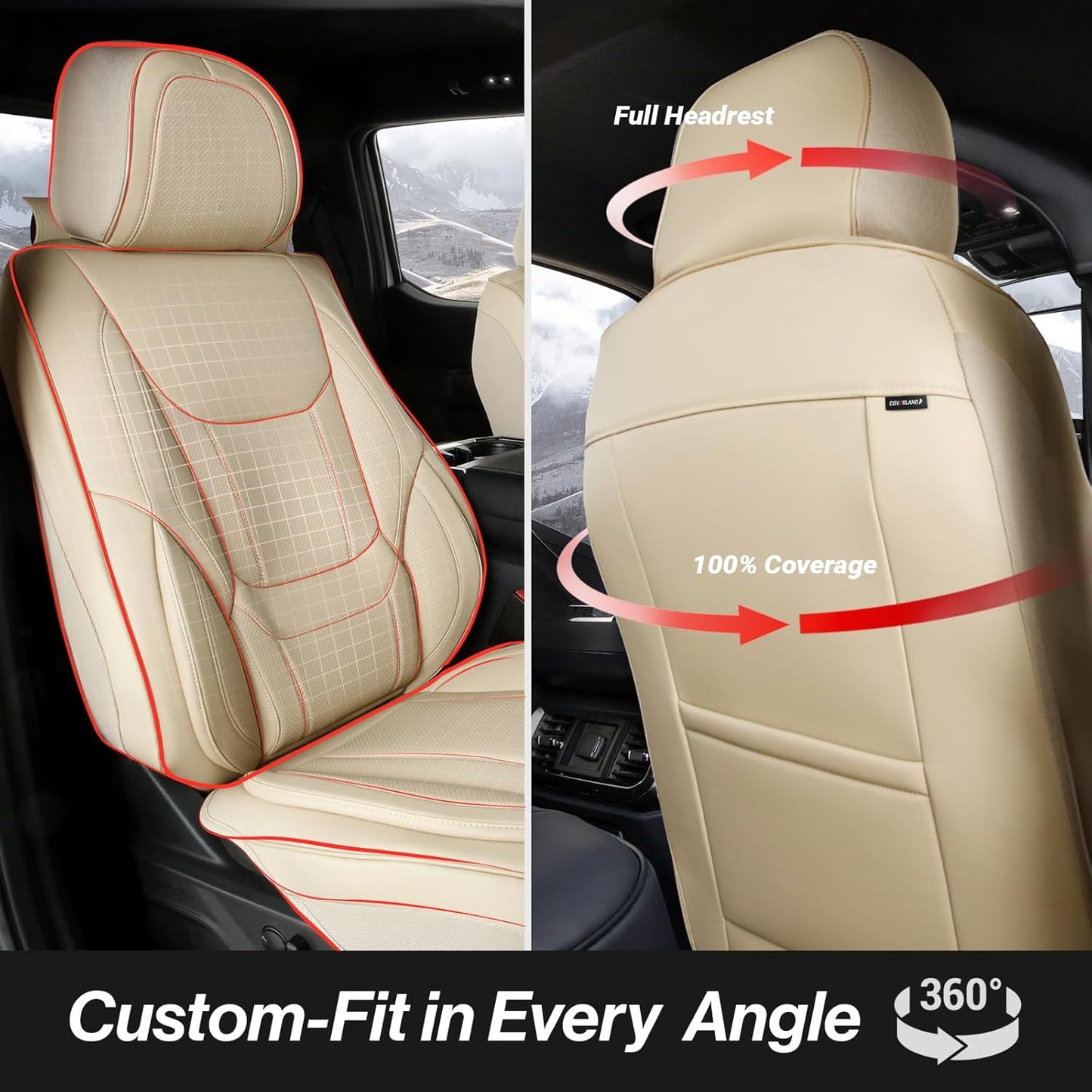 Coverland Custom Car Seat Covers Compatible with F150, Ram 1500 2500 3500, Tundra - Premium Leather Non-Slip Memory Foam Waterproof Interior Protector Front Seat-Beige [See Size Chart-Size A25]