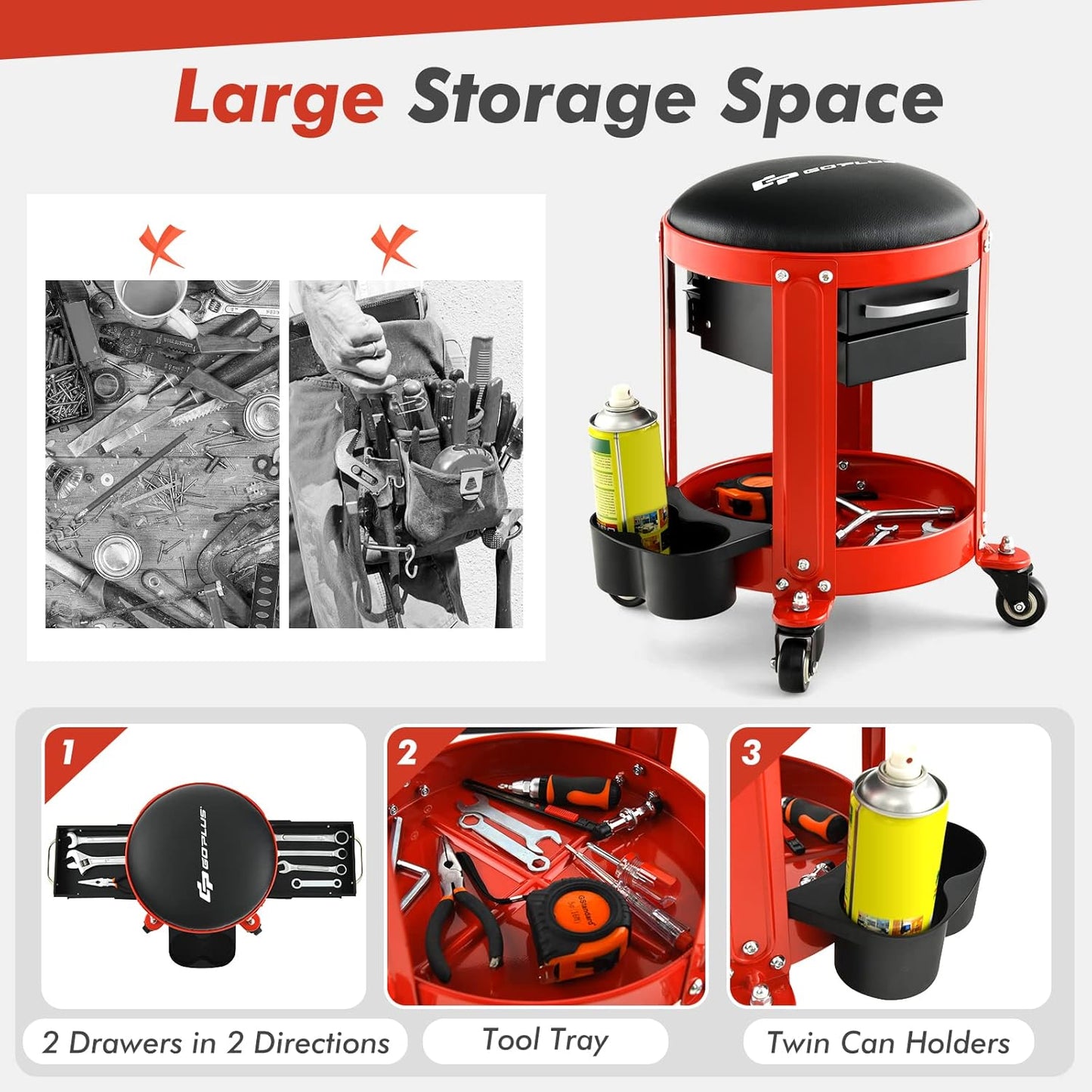 Goplus Rolling Mechanic Stool, Shop Stool Creeper Seat with Removable Padded Seat, 2 Drawers, Tool Tray, Twin Can Holder, Universal Wheels, Round Garage Workshop Chair, 330 Lbs Max Capacity