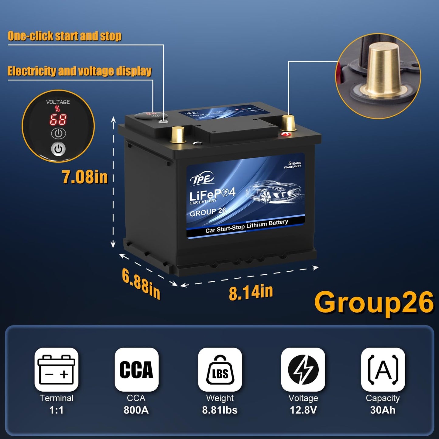TPE Car Start Stop System BCI Group26 LiFePO4 Lithium-ion Battery 12.8V 800A Lightweight High Performance Battery Battery Level Display Left Negative Right Positive