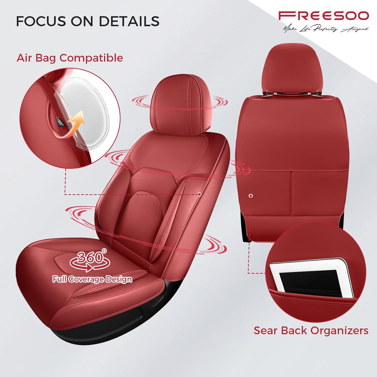 FREESOO Car Seat Covers Front Seats 2PCs,Waterproof Automotive Seat Covers, Leather Cars Interior Covers, Seats Protection Universal fit Babies & Adult (WineRed)