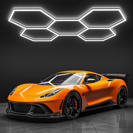 BRILLIHOOD Hexagon Garage Lights, LED Honeycomb Lights Ceiling, 192W, 23040LM, 6500K Super Bright, 5 Grid Systems Car Detailing Light for Garage Warehouse Workshop Basement Gym