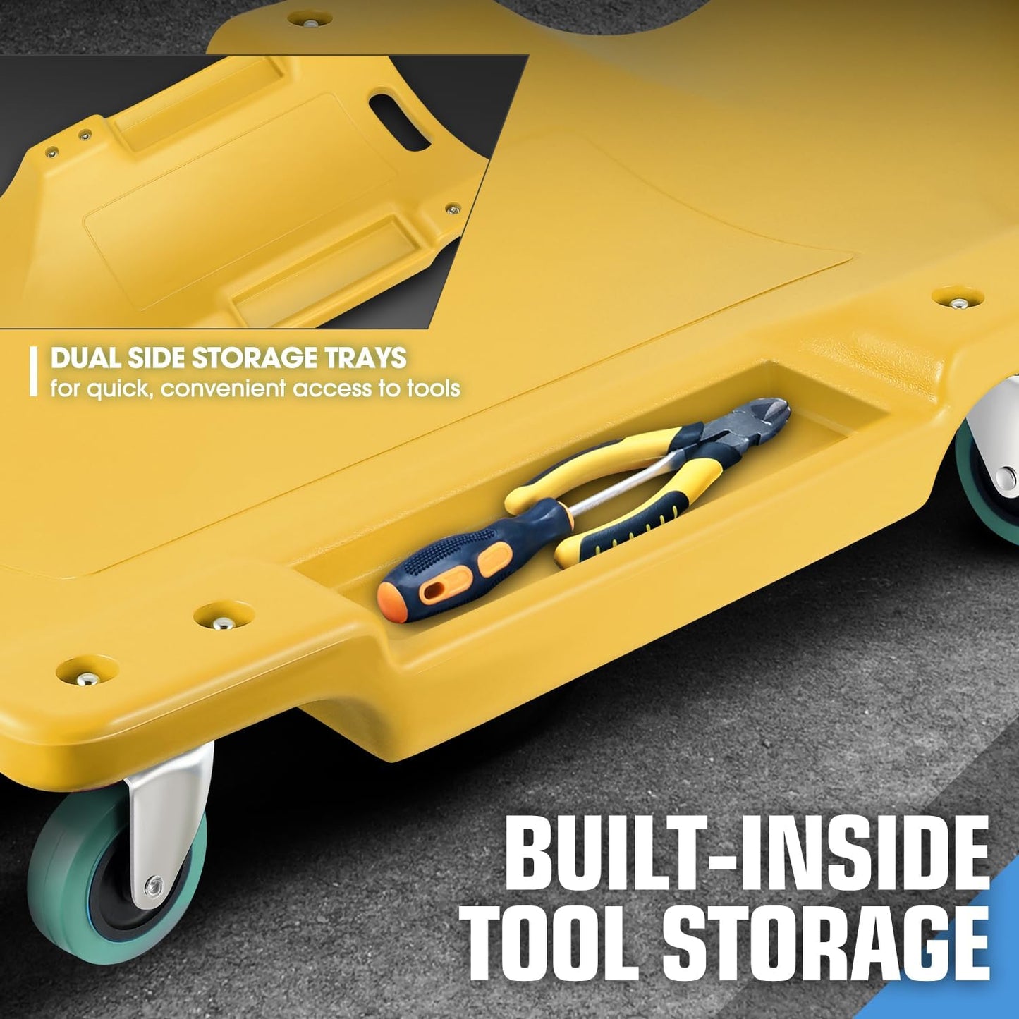 DNA MOTORING 40" L X 19" W Vehicle Repair Low Profile Plastic Rolling Garage Shop Creeper with Padded Headrest,Tool Trays & 6pcs Casters, Yellow, TOOLS-00217-YL