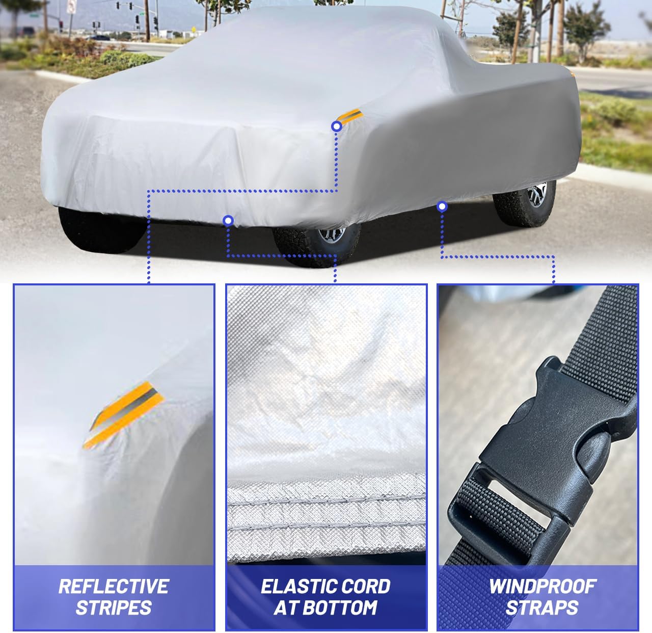 MORNYRAY Waterproof Car Cover All Weather Snowproof UV Protection Windproof Outdoor Full Truck Cover, Universal Fit for (Fit Truck Length 230-242 inch,All Silvery)