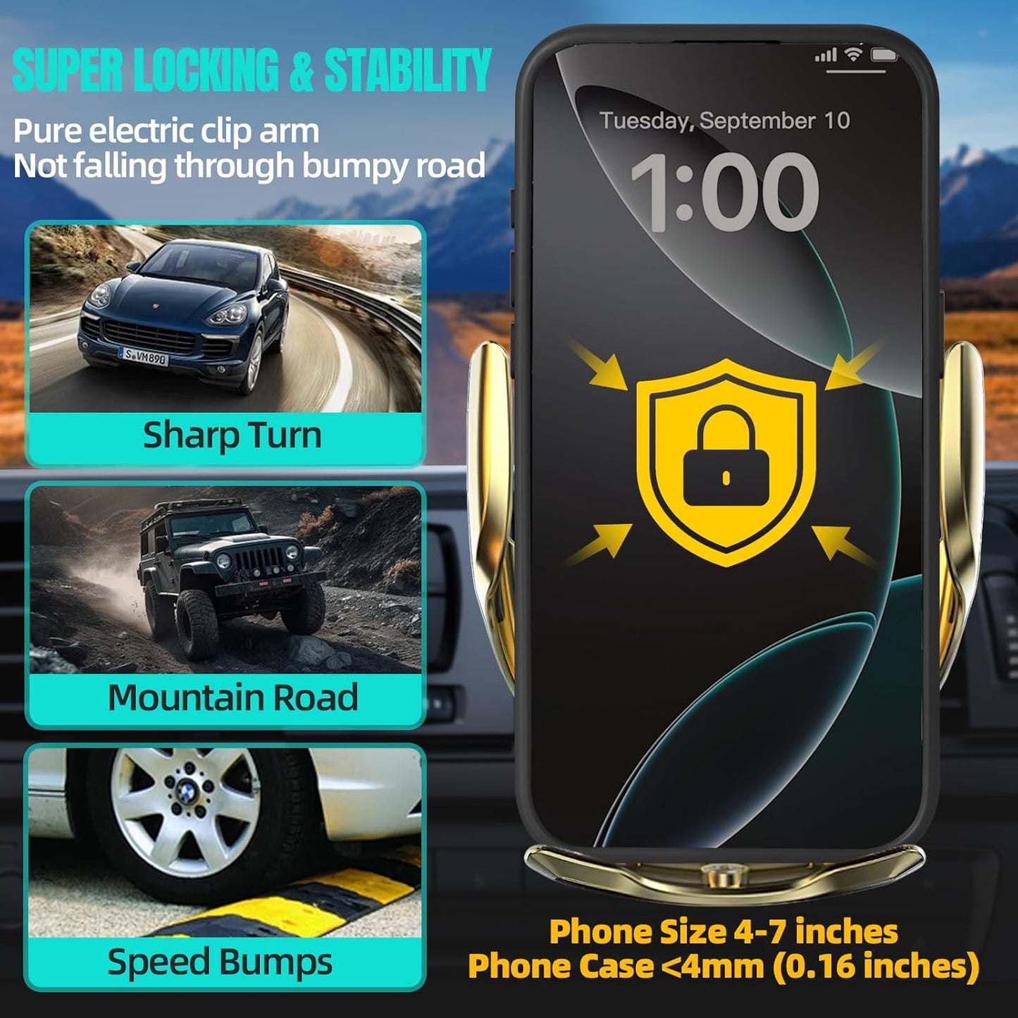 Wireless Car Charger, MAX 15W Fast Charging Auto Clamping, Sensing Phone Holder Mount, fit for iPhone 16 15 14 13 12 Pro Max Xs X, Samsung Galaxy S24 Ultra S23 S22 S21 S20 Note20 (5-Golden)