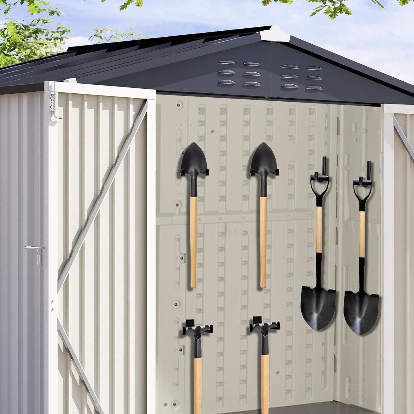 6 Pcs ABS Storage Shed Tool Hooks, Heavy Duty Shed Accessories & Hooks - Compatible with Suncast & Craftsman Sheds, Black J/U/V Shape for Organizing Garden Tools and Hoses in Outdoor Sheds