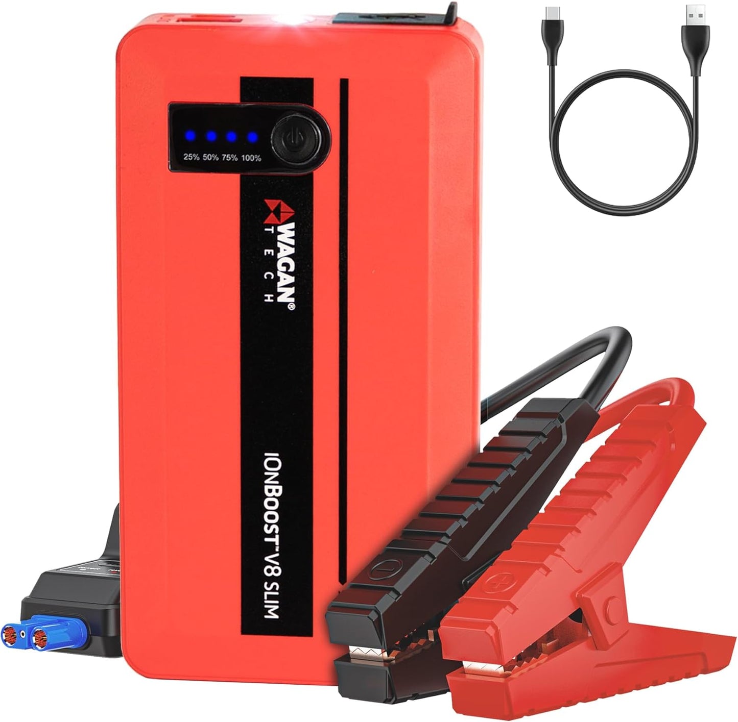 Wagan EL7601 iOnBoost V8 Slim Jump Starter 1200A Peak 12V Portable Lithium Car Battery Booster for Up to 4.0L V8 Gas or 2.0L Diesel 12V Jump Pack with USB Power Bank and LED Light