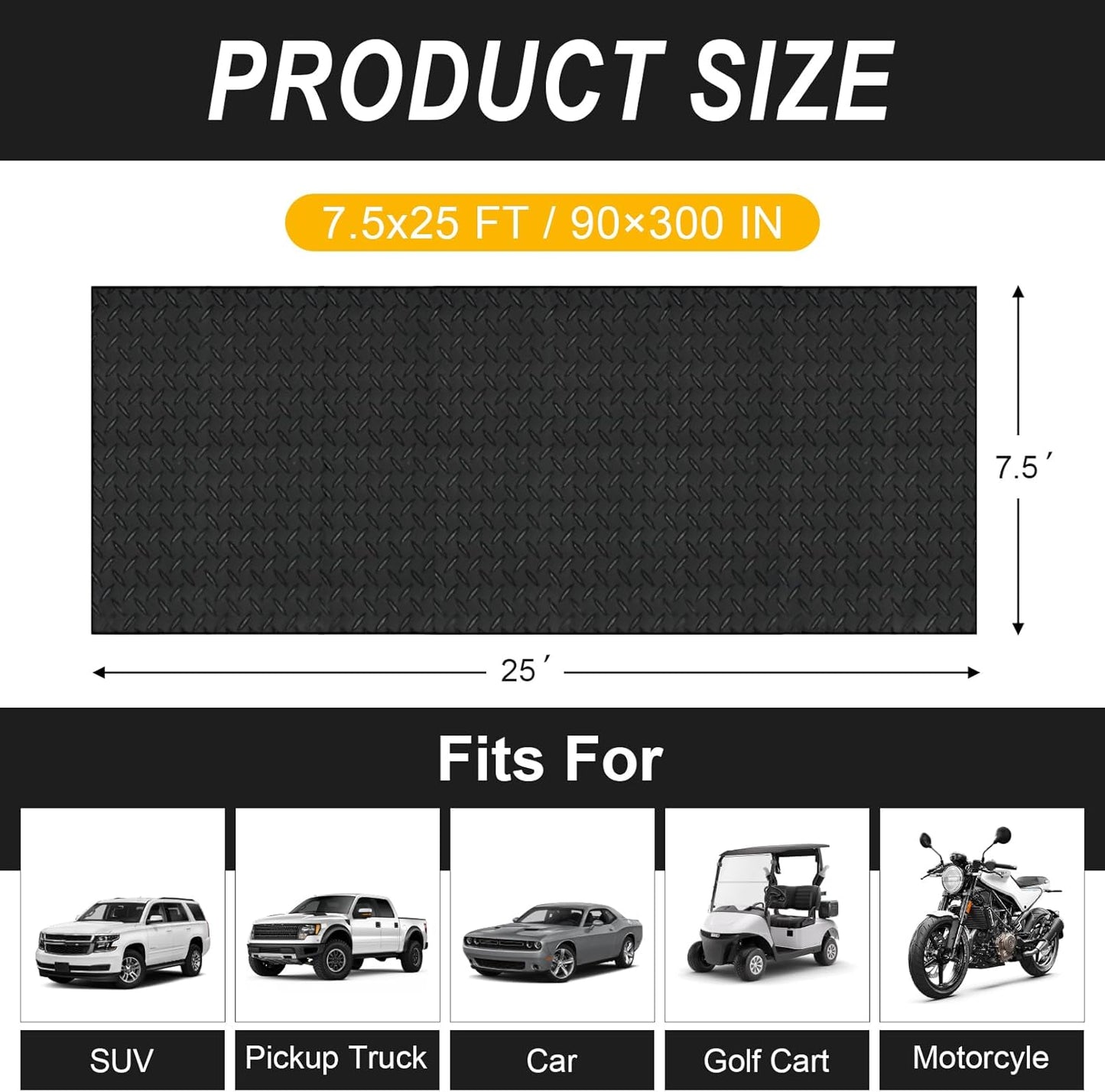 7.5x25 FT Garage Floor Mat, Updated 2.8mm Thicked Flooring Roll with 20Pcs Tapes, 188 sqft Diamond Plate PVC Rubber Trailer Mat, Non-Slip Floor Protector Mat for Garage Warehouse Gyms (Matte Black)