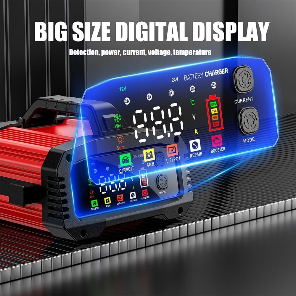 YONHAN 25A Battery Charger & Maintainer,12V/24V All-in-One Charger for LiFePO4, Lead Acid, AGM, Lithium, Marine, Boat, and Deep Cycle Batteries,5-Level Adjustable Current, Booster Mode,Trickle Charge