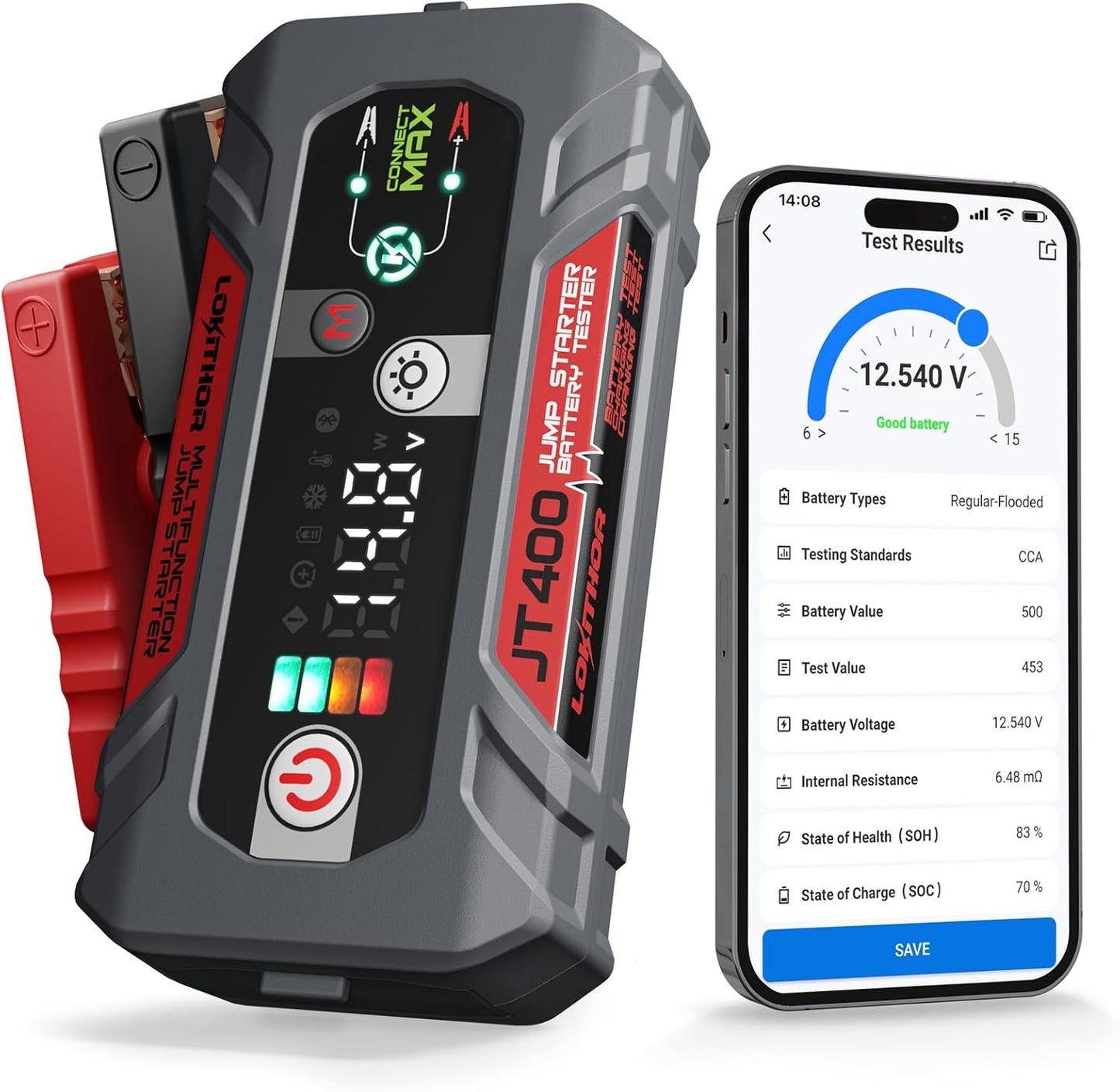 JT400 Jump Starter and Battery Tester, 2500A 12V Car Jumper Starter Portable (8.5L Gas/6.5L Diesel Engines), 100-2000 CCA Bluetooth Car Battery Tester Alternator Tester, Smart Digital Screen