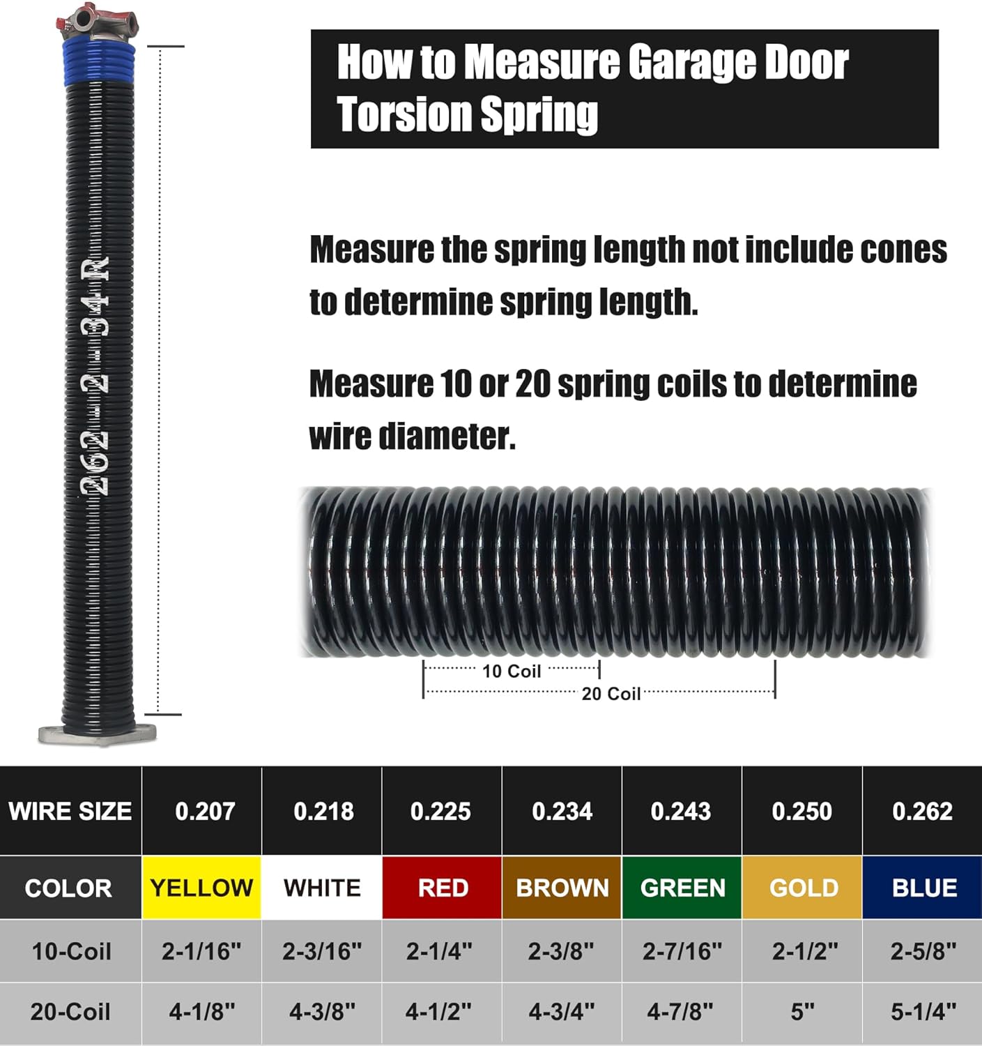 Garage Door Torsion Spring Set, Pair of 2" Electrophoresis Coated Garage Door Spring Replacement with 2 Non-Slip Winding Bars and Bearing, Minimum 16000 Cycles (.262x2x34")