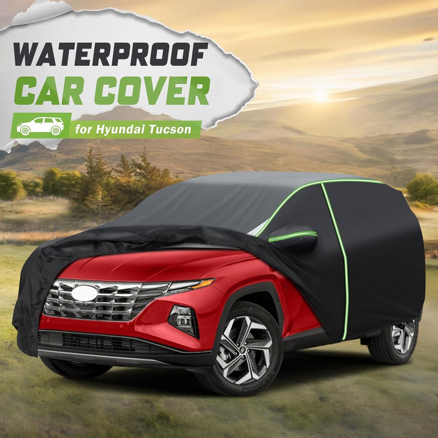 Mixsuper Liner Car Cover for Hyundai Tucson 2004-2026, 7 Layers Waterproof Car Cover Accessories for Tucson with Zipper Door, Windproof Straps, Reflective Strips, Anti-UV, All Weather
