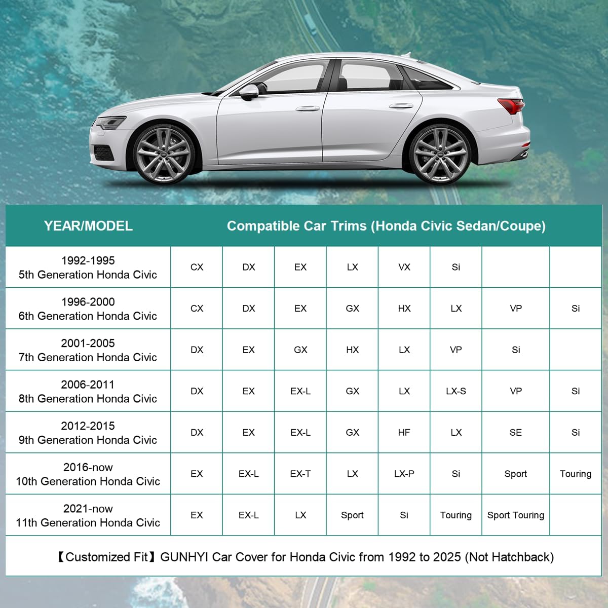 Premium Car Cover Custom Fit Honda Civic Sedan/Coupe (1995-2025), 16 Layers Heavy Duty Car Cover Waterproof All Weather with Zipper Door for Sun Rain Snow Dust Uv Protection