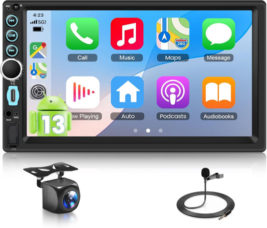 4GB+64GB Double DIN Car Stereo 8 CORE Android 13.0 Head Unit, Wireless CarPlay & Android Auto, 7-Inch Touch Screen Car Radio with BT5.0 EQ Mirror Link Volume Knob Back Light SWC Backup Camera USB-C