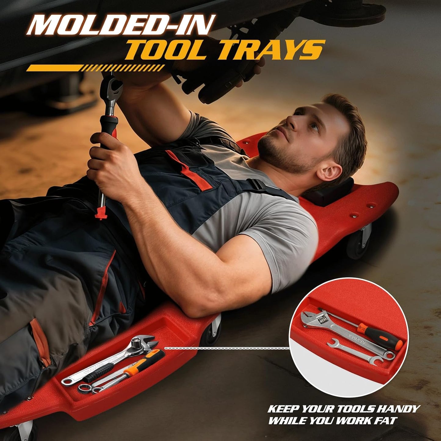 Magshion Rolling Garage Creeper with Padded Headrest, Shop Creeper 46.5" Mechanic Cart with Double Tool Tray and 6 Casters, Lightweight Floor Creeper Automotive Creeper - 440 lbs Capacity (Red)