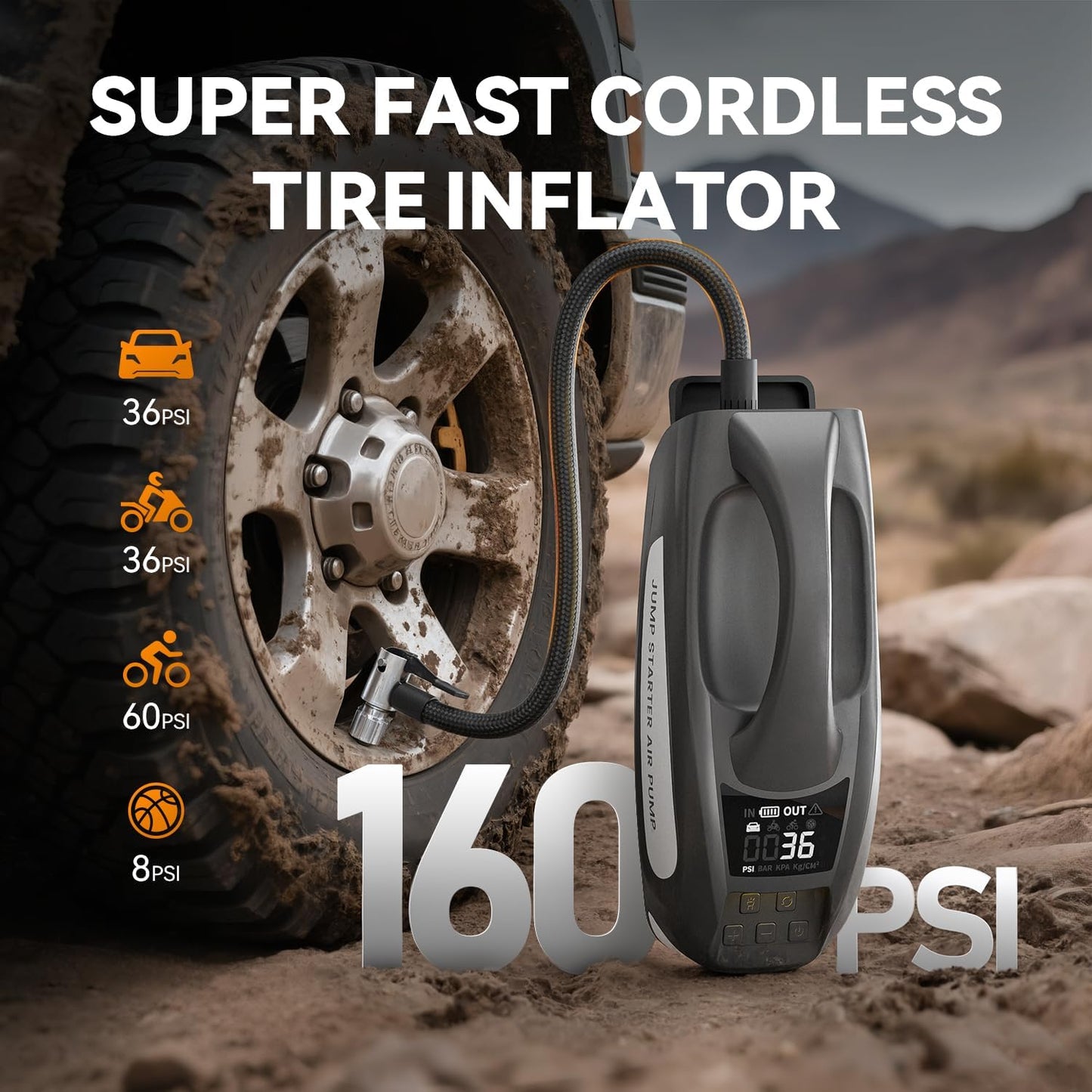 6000A Jump Starter with Air Compressor, 27000mAh 160PSI Portable Car Battery Jump Starter, 12V Battery Pack (All Gas 12L Diesel)