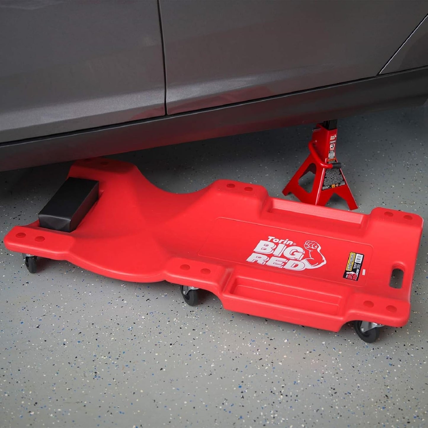 Big RED Plastic Rolling Garage/Shop Creeper: Dual Tool Trays and 6 Casters, Red，40" Mechanic Cart with Padded Headrest