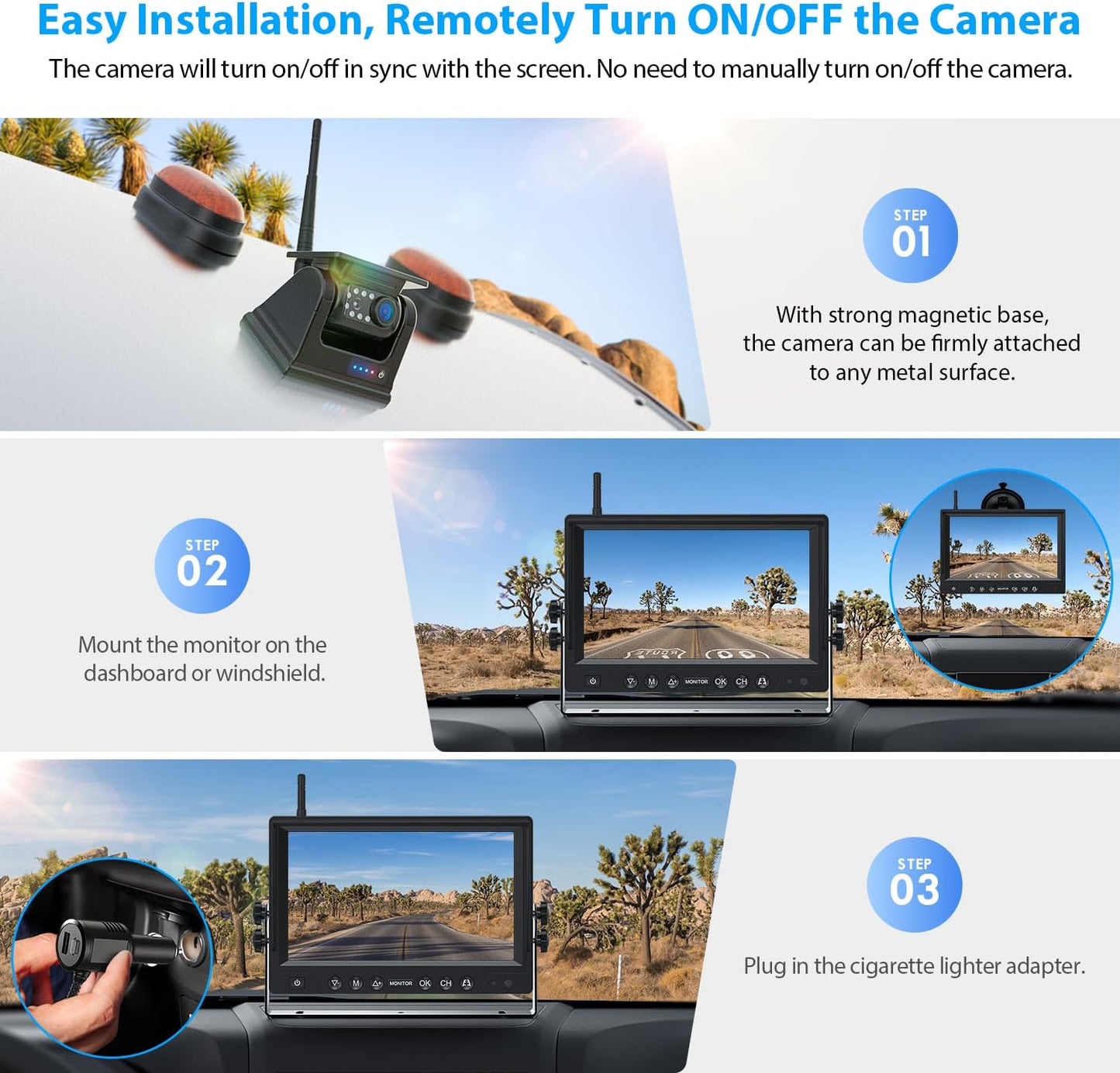 9 Inch Magnetic Solar Wireless Backup Camera System, 9600mAh Solar Rechargeable RV Backup Camera Wireless with HD1080P 9" Loop Recording Monitor for Trailer RV Trucks, BL901