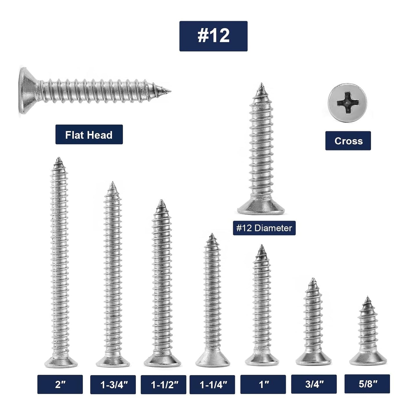 #12 x 1-3/4" Wood Screw 100Pcs 18-8 (304) Stainless Steel Screws Flat Head Phillips Fast Self Tapping Drywall Screws by SG TZH