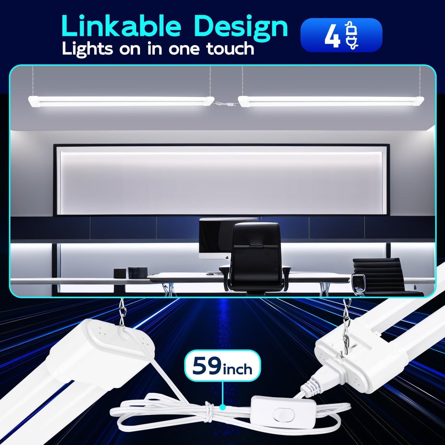 hykolity 4 Pack Linkable LED Shop Light, 4FT 44W [300W Equivalent], 4600lm, 5000K Daylight, Plug-in Utility Light Fixture, Hanging or Surface Mount, White - Energy Efficient Lighting Solution