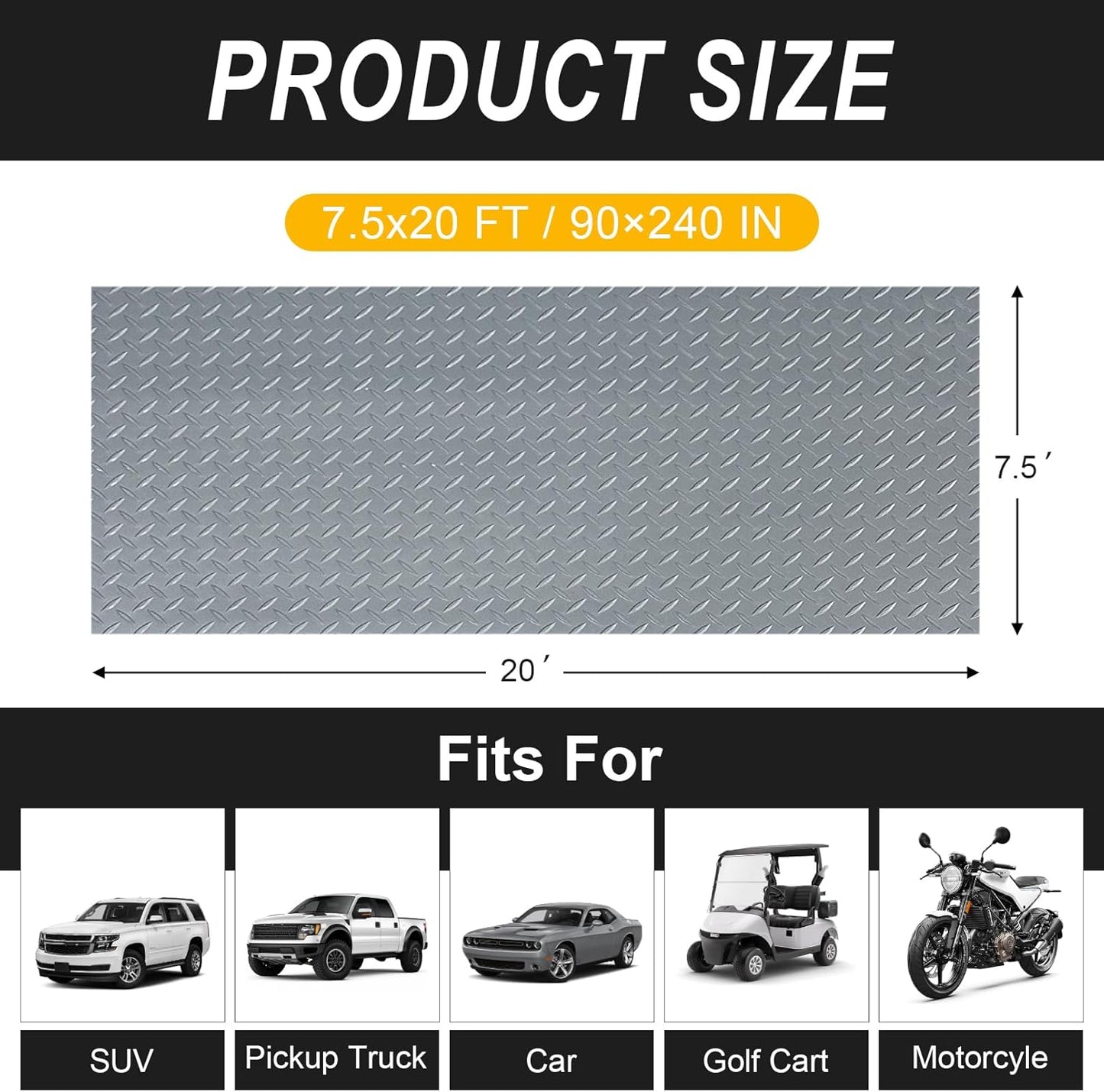 7.5x20 FT Garage Floor Mat, 2.8mm Thickened Flooring Roll with 20Pcs Tapes, Diamond Plate PVC Rubber Trailer Mat, Non-Slip Floor Protector Mat for Garage, Warehouse, Gyms, Trailer(Matte Gray)