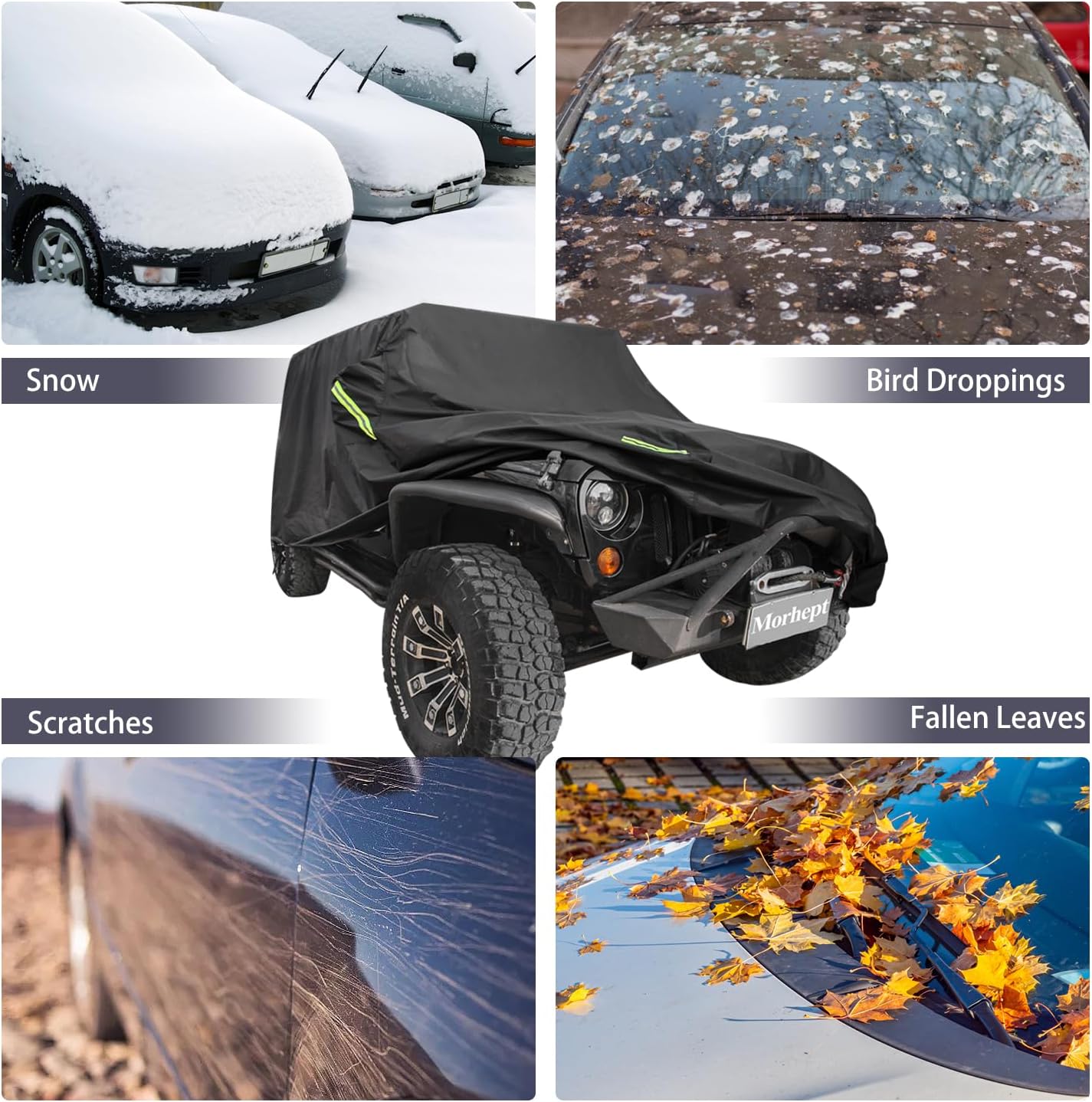 Waterproof Cover for Jeep Wrangler JK JL CJ YJ TJ 4 Door 1987-2023 Outdoor Sun Rain Wind Snow Protection Dustproof Covers with Driver Door Zipper Black