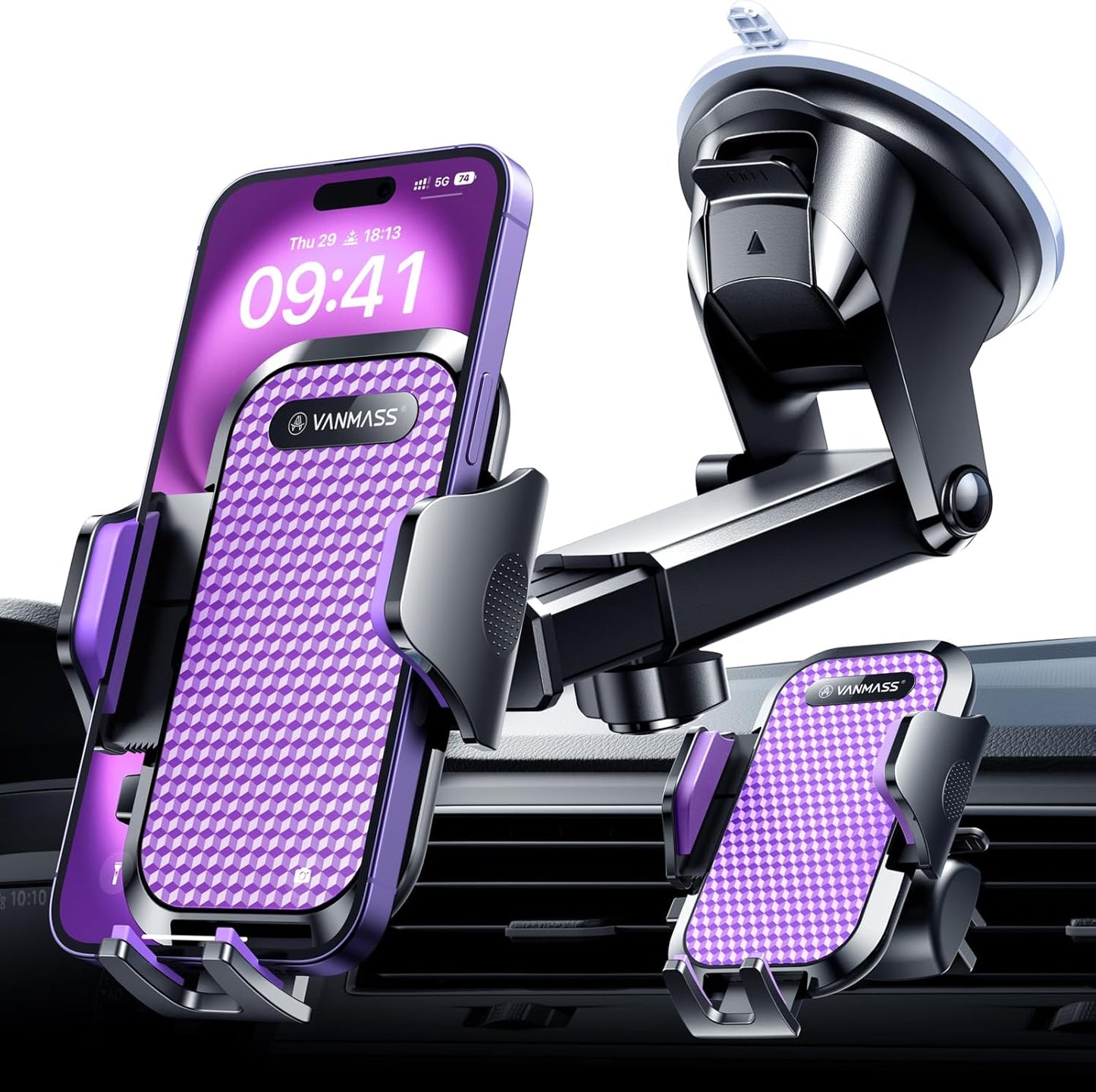 VANMASS Ultimate Car Phone Holder 2025【Military-Grade & Strongest Suction】 Phone Holder for Your Car【Patent & Safety Certs】 Windshield Dashboard Vent Cell Phone Car Mount for iPhone Samsung Android