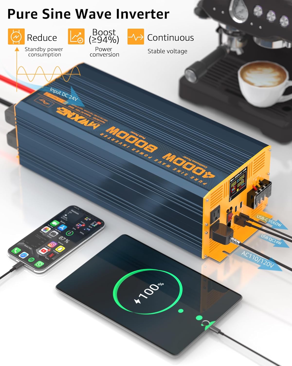 4000W Pure Sine Wave Power Inverter DC 48V to AC 110V 120V for Home RV with Dual AC Outlets 1 USB-C(60W) 3 USB-QC3.0 Fast Car Charger Adapter, LCD Display and Remote Control