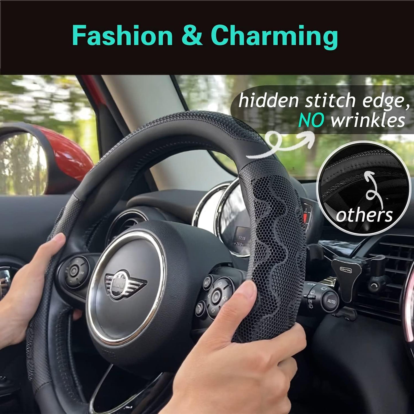 PINCTROT Large Size Steering Wheel Cover Great Grip with 3D Honeycomb Anti-Slip Design, 15.5-15.75 Inch (All Black)