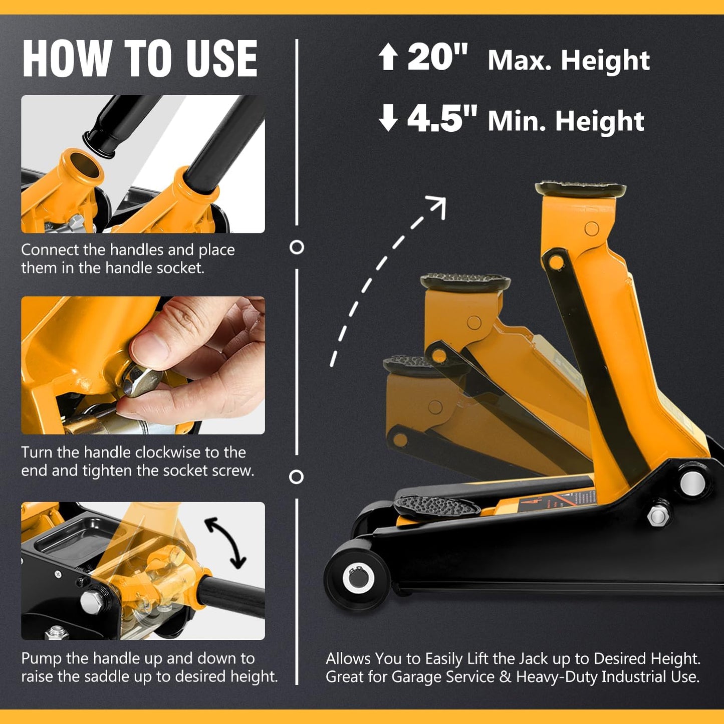 DNA MOTORING Low Profile Hydraulic Trolley Service/Floor Jack, 4 Ton (8000 lbs) Capacity, Lifting Range 4.5"-20", Orange, TOOLS-00307-OG