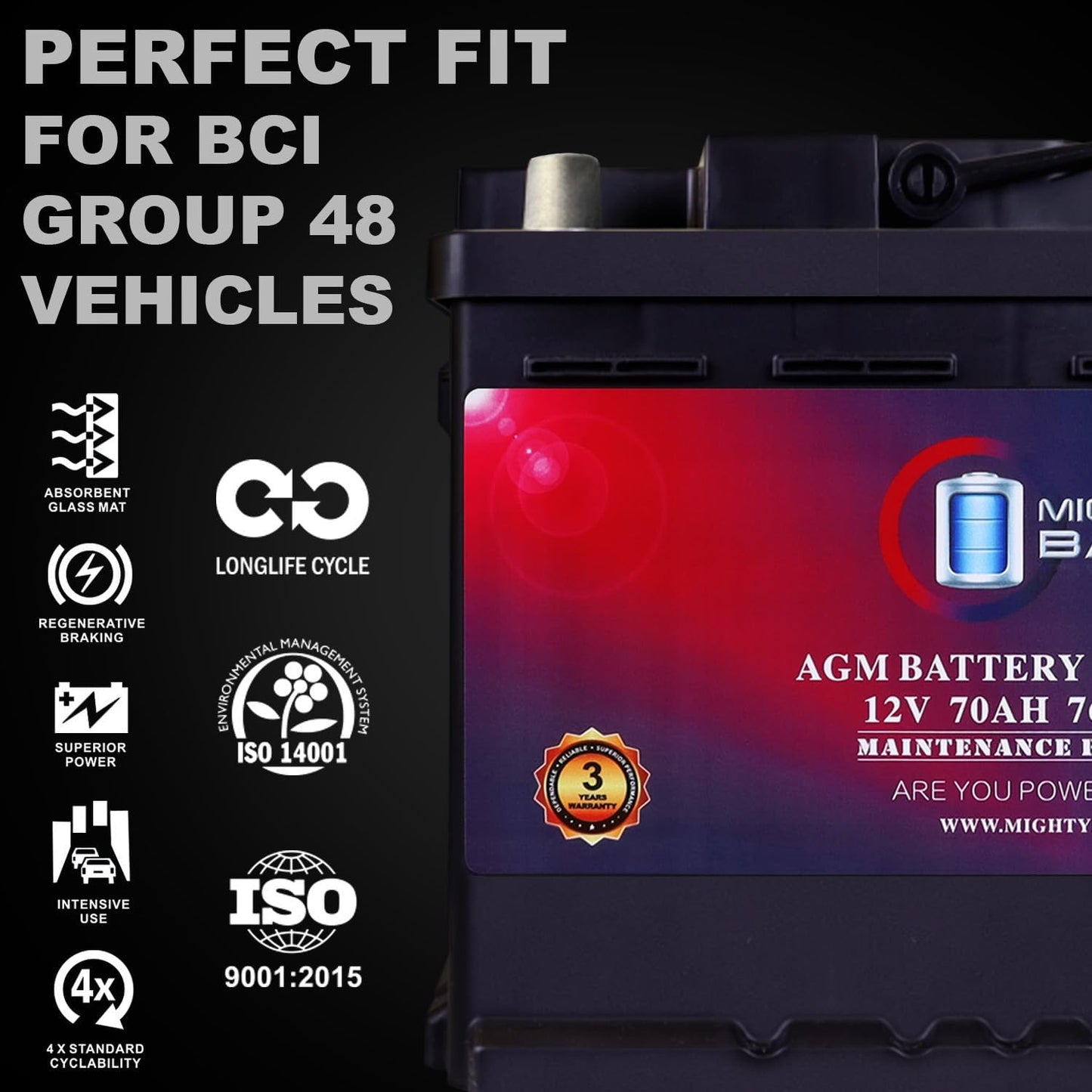 Mighty Max Battery MM-H6 Start and Stop Car BCI Group Size 48 12V 70 AH, 120RC, 760 CCA Rechargeable AGM Car Battery