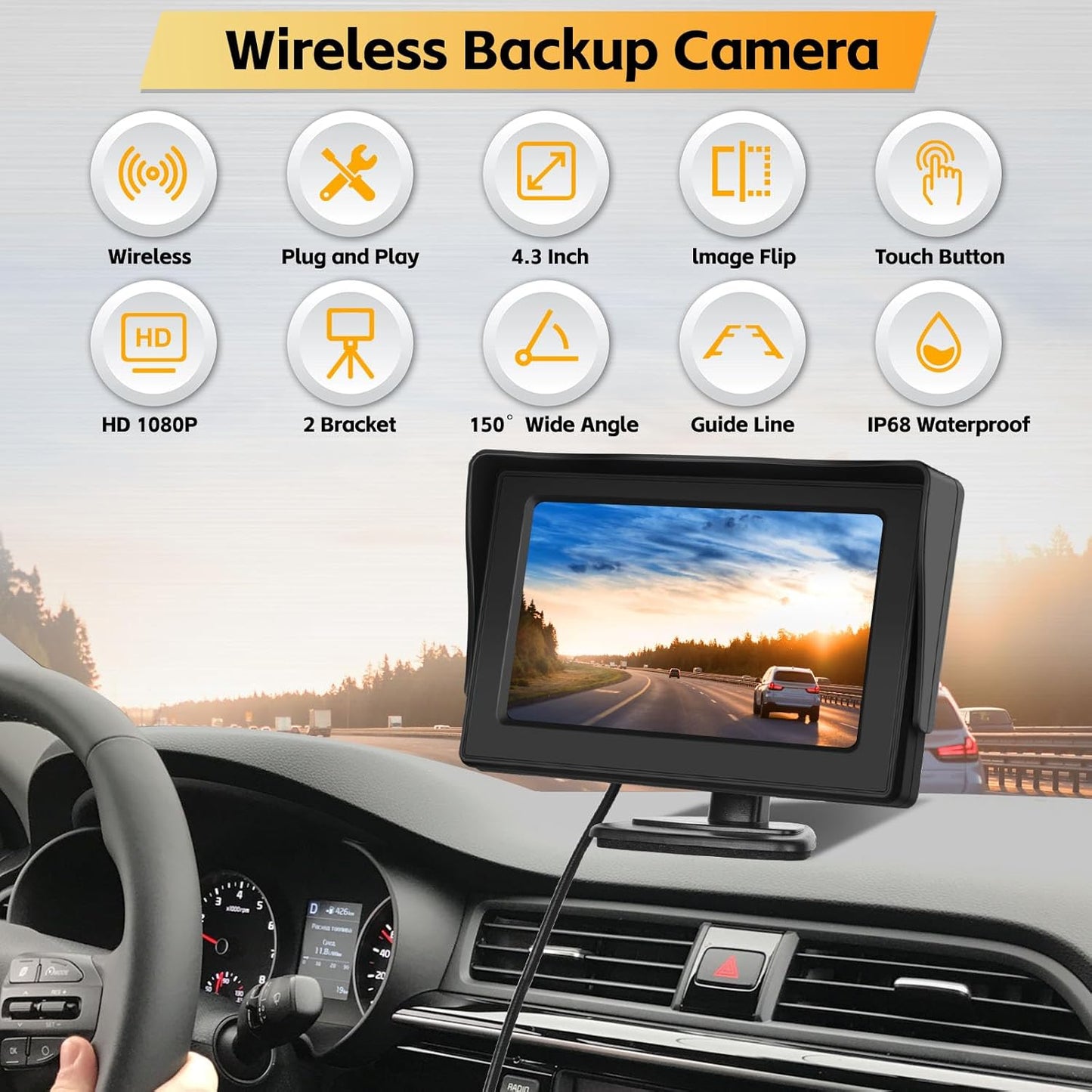 Hikity Wireless Backup Camera System 4.7 Inch Car Monitor Kit HD 1080P License Plate Rear View Camera, Digital Stable Signal, Night Version, IP68 Waterproof, Reverse Camera for Cars