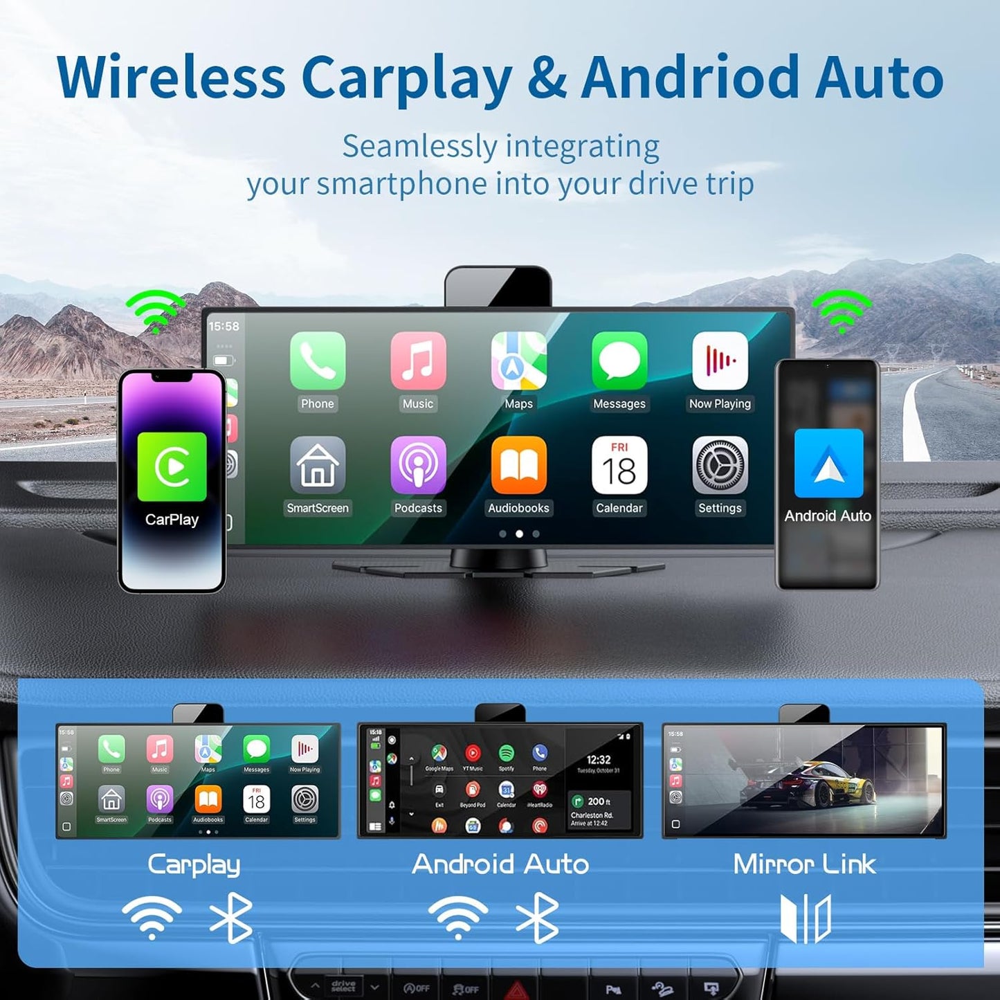 10.26" HD Wireless Android & Carplay Screen for Car, Portable Touchscreen Car Stereo with 4K Dash Cam, 1080P Backup Camera, Bluetooth, AUX/FM, Siri, Mirror Link, GPS Navigation