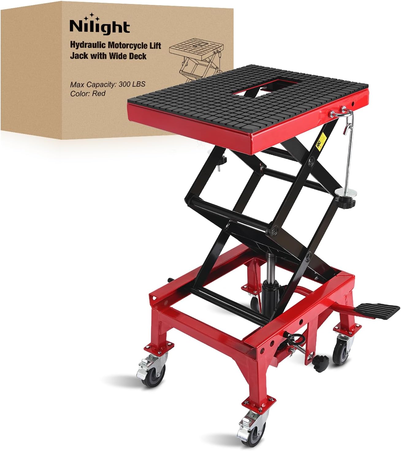 Nilight Motorcycle Lift Table Jack 300 LBS Heavy Duty Hydraulic Motorcycle Scissor Jack Lifts Table Foot Pedal with 4 Caster Wheels Wide Deck for Motorbike Dirt Bike ATV Garage Repair Tool, Red