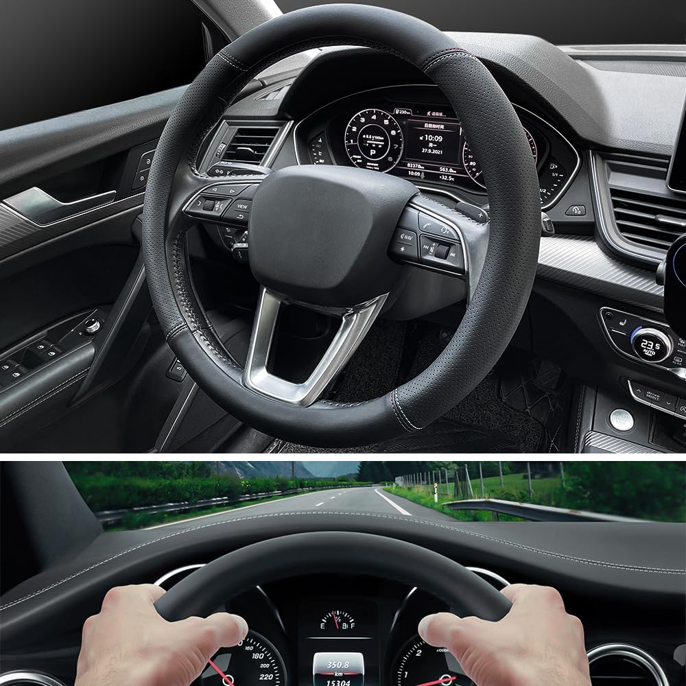 LKWLIKEI Nappa Premium Leather car Steering Wheel Cover, Non-Slip, Breathable, Universal 15 inches (red Blue line)