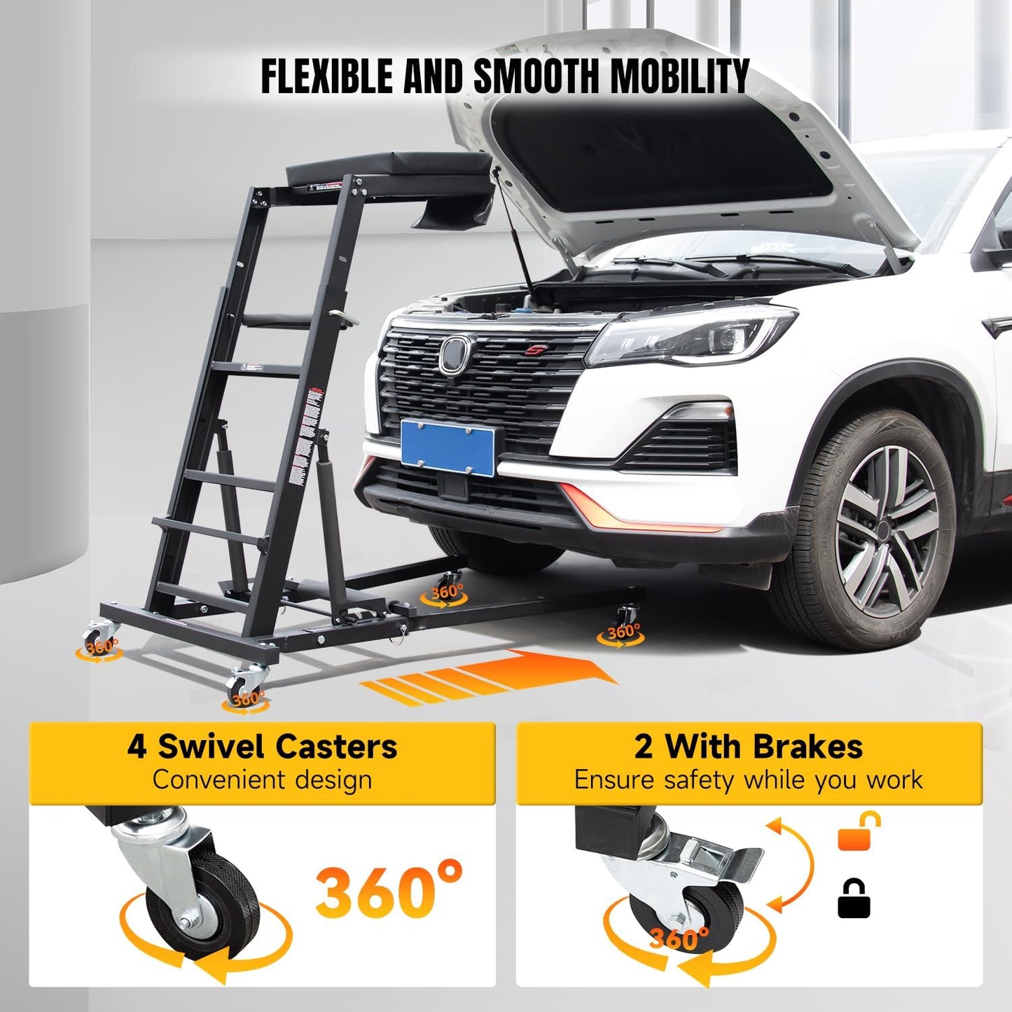 Adjustable Topside Creeper Automotive Engine Creeper 47''-65'', 440 LBS Capacity, 4 Swivel Caster Wheels (2 with Brakes), Padded Deck for Home Garage, Workshop Repair Maintenance