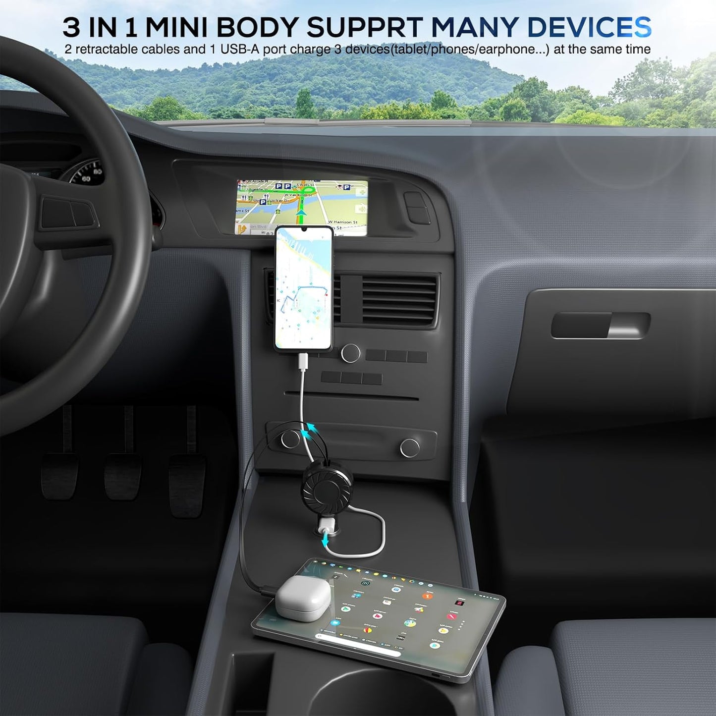 Retractable Car Charger (2Pack), 3 in 1 Fast Charging Phone Charge 50W, Mini Car Adapter with 2 Cables+1 Port Cigarette Lighter USB C Charger for Apple iPhone 15 Pro/Samsung/Android/Pixle