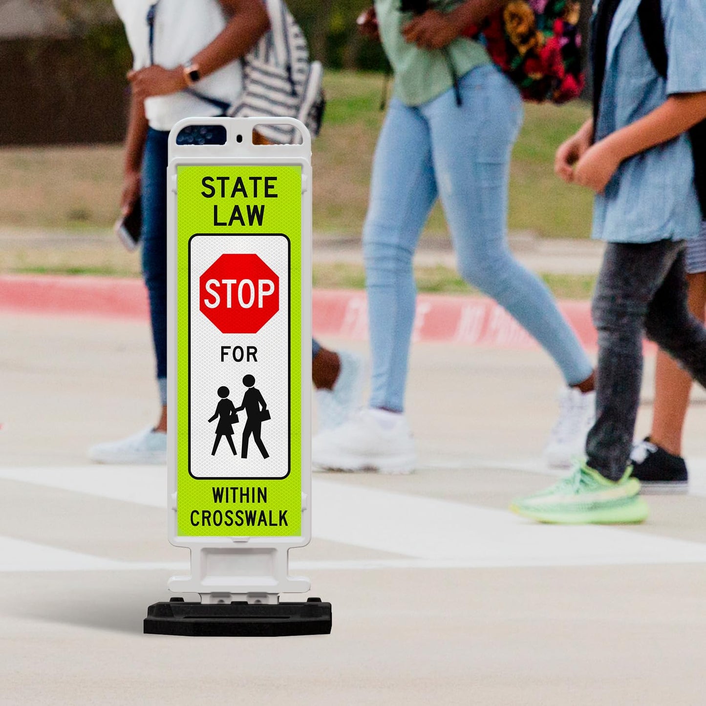State Law Stop for Pedestrian in Crosswalk MUTCD R1-6a Sign, Double Sided 3M Engineer Grade Reflective, Portable Rubber Base, Impact Resistant Plastic Frame