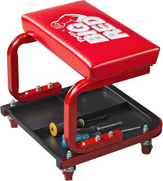 Big RED 250lb Red Rolling Automotive Creeper Garage/Shop Seat: Padded Mechanic Stool with Tool Large Tray Suitable for garages, Repair Shops