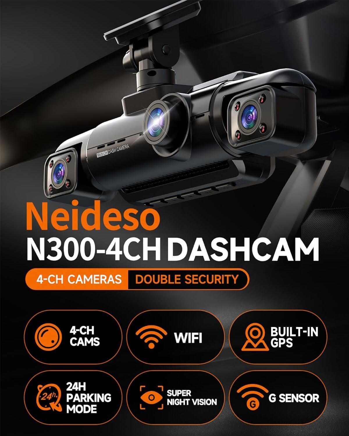 360° Dash Cam Front and Rear Inside, 4 Channel FHD 4 * 1080P, Wi-Fi GPS Voice Control Car Camera, Front 2K+1080P*2 Dash Camera for Cars, with 64GB SD Card, Night Vision, 24H Parking Mode(N300)
