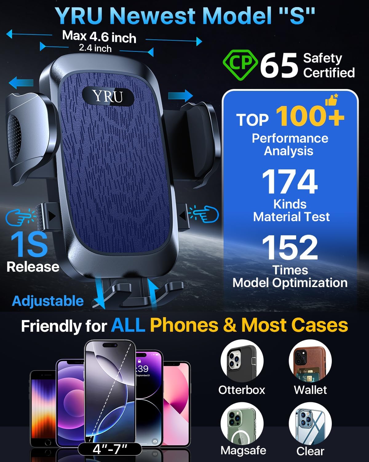 YRU [2025 Ultimate Car Phone Holder Mount [Bendable & Adjustable Aluminum Arm] Cell Phone Holder for Car Dashboard Windshield Phone Stand for iPhone16 15 14 Pro Max Samsung Pickup Truck, Dark Blue