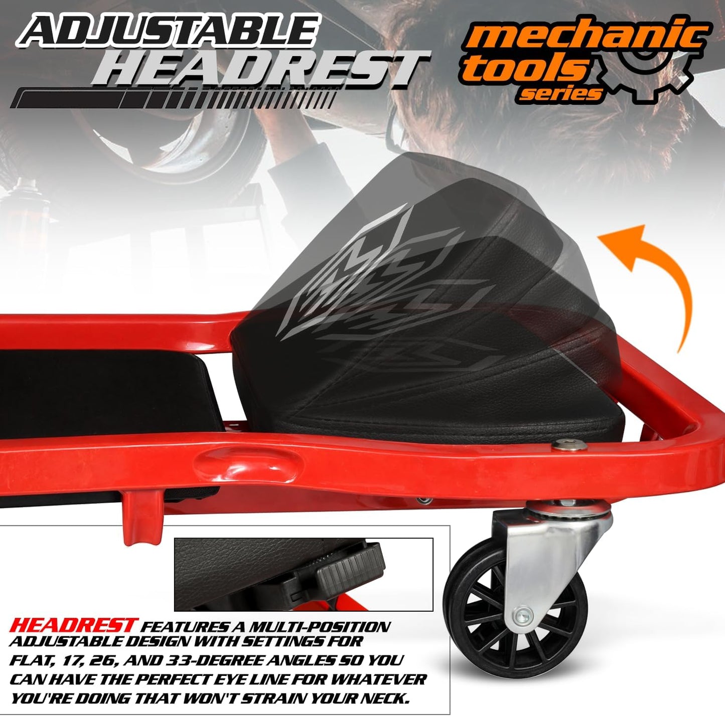 M-AUTO Heavy-Duty Automotive Creeper with 3-leves Adjustable Headrest, 42.5" Padded Metal Frame Creeper with Tools Tray for Garage Shop, 6 Noiseless Casters 300LBS Capacity, Red