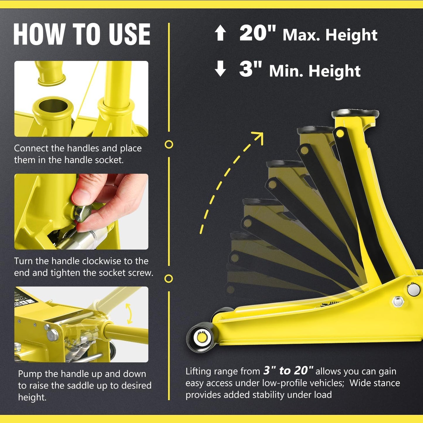 DNA MOTORING Low Profile Hydraulic Trolley Service/Floor Jack, 3 Ton (6000 lbs) Capacity Heavy Duty Hydraulic Car Jack, Lifting Range 3"-20", Yellow, TOOLS-00475-YL