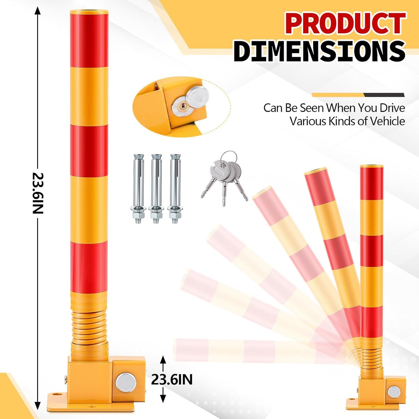 Zonon 1 Pcs Spring Parking Post Folding Heavy Metal Parking Barrier Lock Obstacle Pile with Warning Stripes Interceptor Bollard for Traffic-Sensitive Area Garage