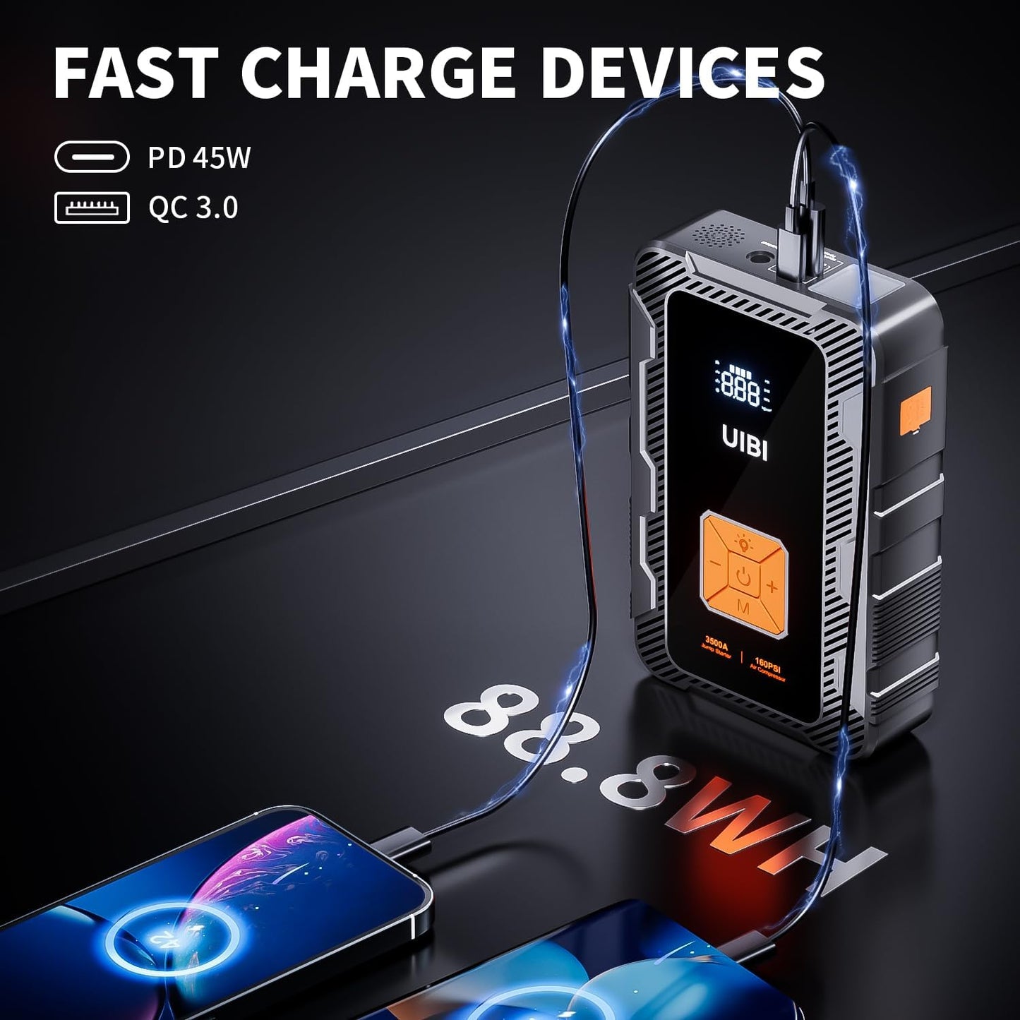 X7 Jump Starter with Air Compressor 160PSI, 3500A Car Battery Jumper Starter PD45W Fast Charge, 24000mAh Portable Tire Inflator 12V Jump Box Booster Charger for 10L Gas or 8.5L Diesel Engine