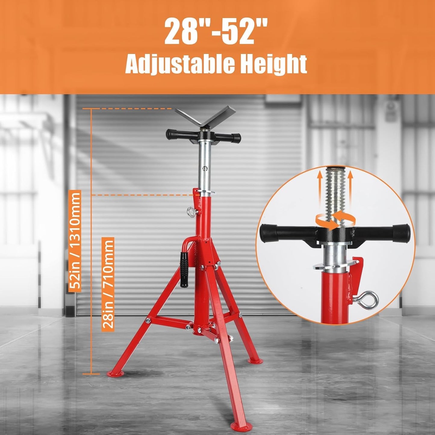 V-Head Pipe Jack Stand, 2500 Lbs Heavy-Duty Steel Pipe Stand with Adjustable Height 28"-52", Folding Design & Secure V-Head Support for Welding, Automotive & Construction Projects, Red
