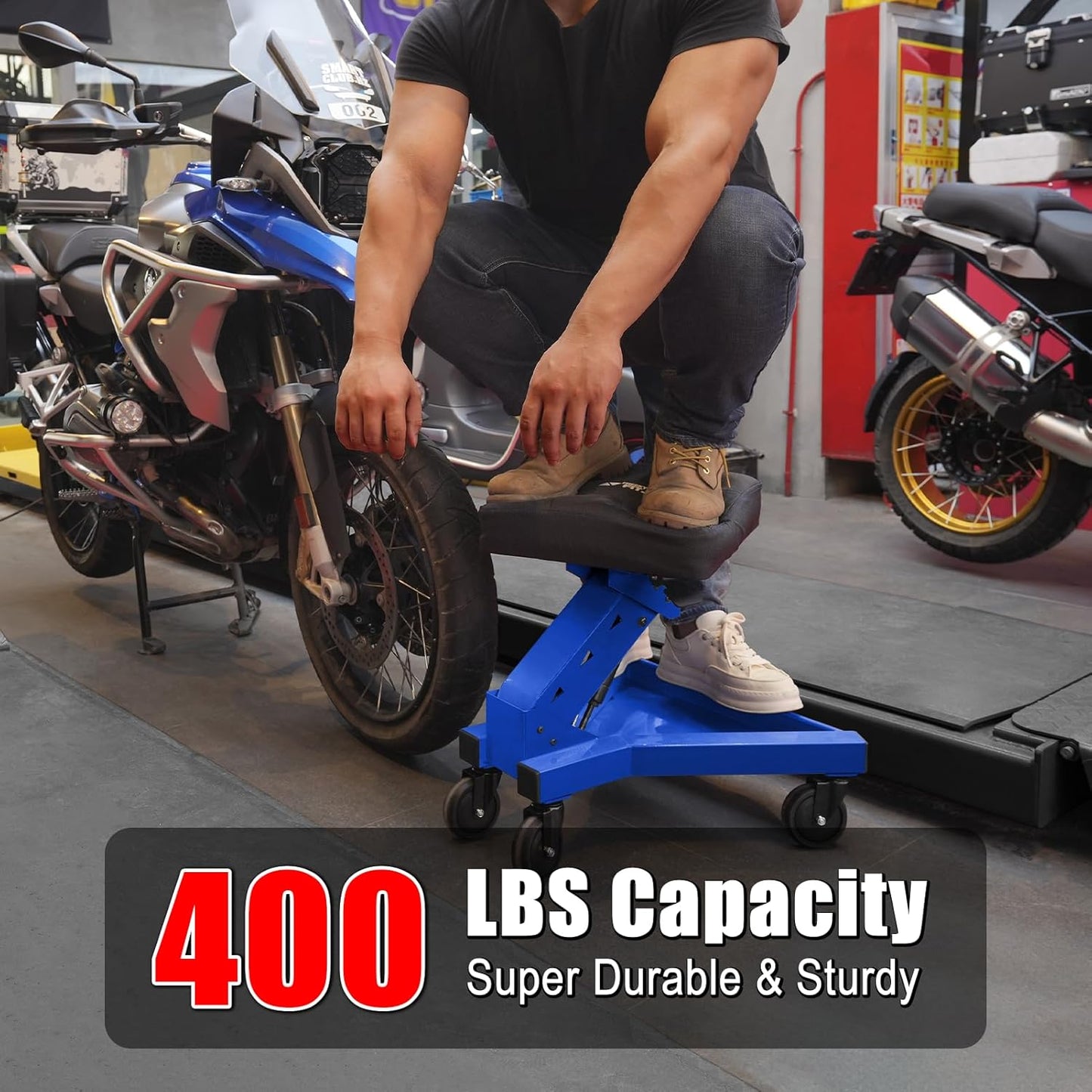 Mechanic Stool with Wheels, Hydraulic Adjustable Shop Stool on Wheels, Garage Work Rolling Chair for Workshop, 400 LBS Capacity, 4 Inch Casters, 360° Swivel Casters Roller Chair, Blue