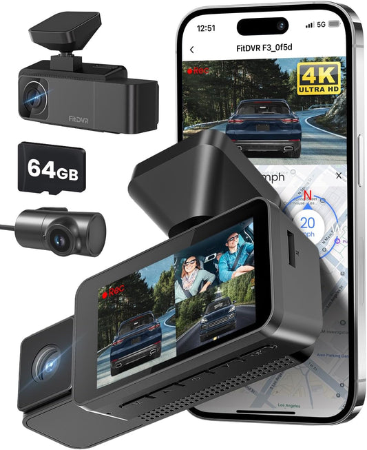 4K 3 Channel Dash Cam, 2160P+1080P+1080P Front and Rear Inside Car Camera with 64GB Card, WiFi Built-in GPS, 3“ IPS Screen, IR Night Vision, G Sensor, WDR, 24/7 Parking Mode(F3)