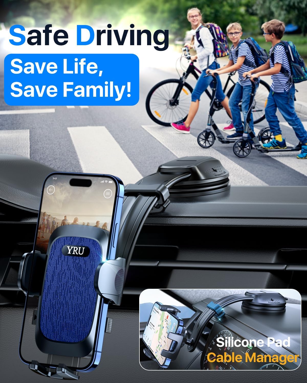 YRU [2025 Ultimate Car Phone Holder Mount [Bendable & Adjustable Aluminum Arm] Cell Phone Holder for Car Dashboard Windshield Phone Stand for iPhone16 15 14 Pro Max Samsung Pickup Truck, Dark Blue