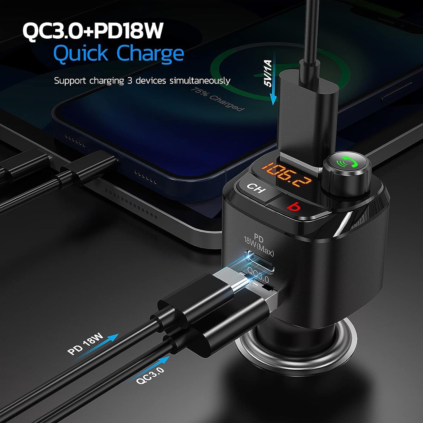 Nulaxy Bluetooth 5.0 FM Transmitter for Car, QC3.0 & USB-C PD 18W Wireless Bluetooth Radio Adapter Music Player Car Kit with Bass Booster, Hands-Free Calls-NX12